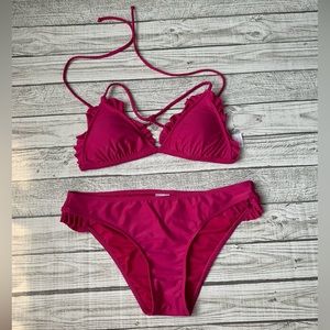 Raspberry ruffled bikini